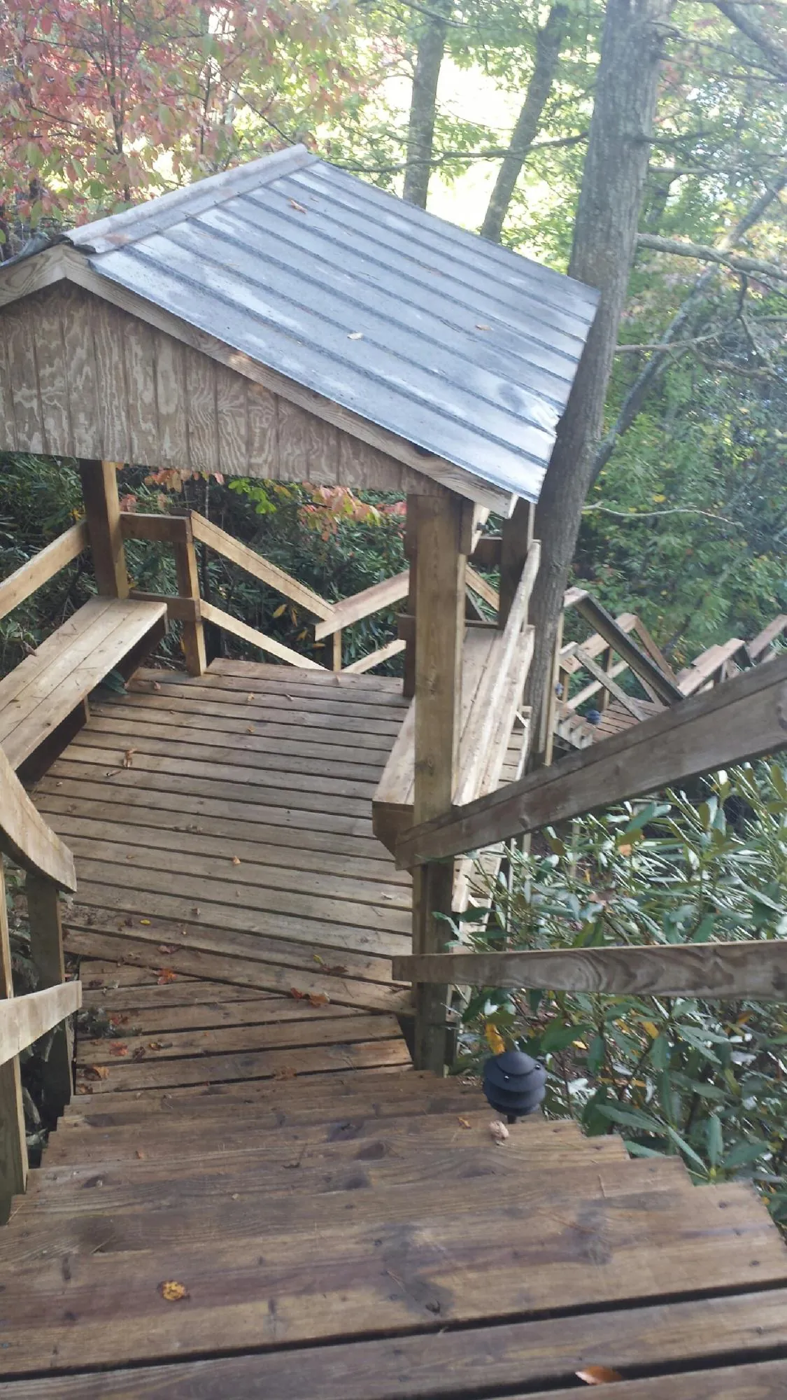 Metal roofed shelter over wooden steps on a wooded walkway — Skylight Repair & Installation work by our crew in Lumberton